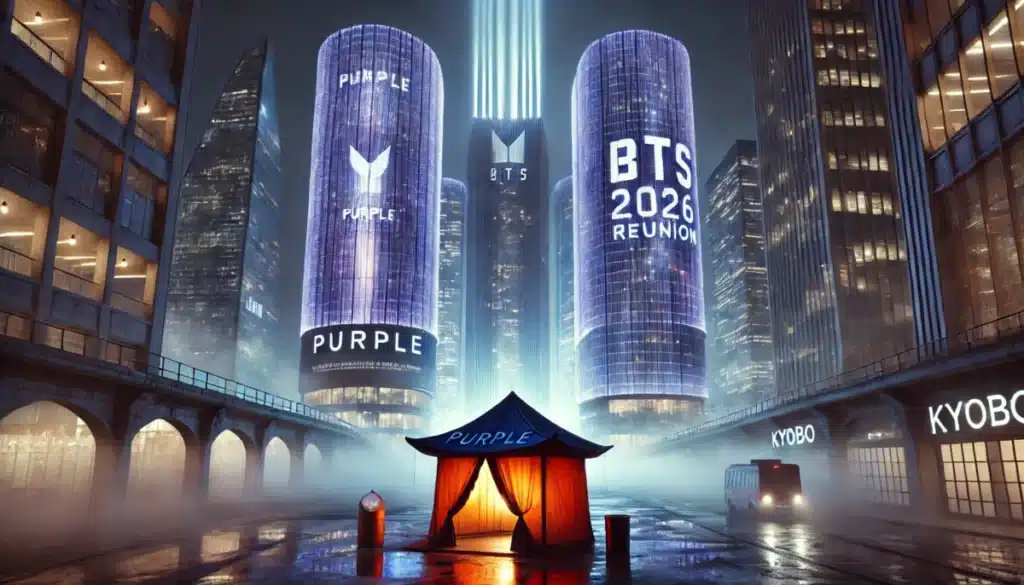 A cinematic night view of a warm Saju tent beneath the cold, purple-lit skyscrapers of Gwanghwamun for the **Gwanghwamun Saju Tarot 2026**.