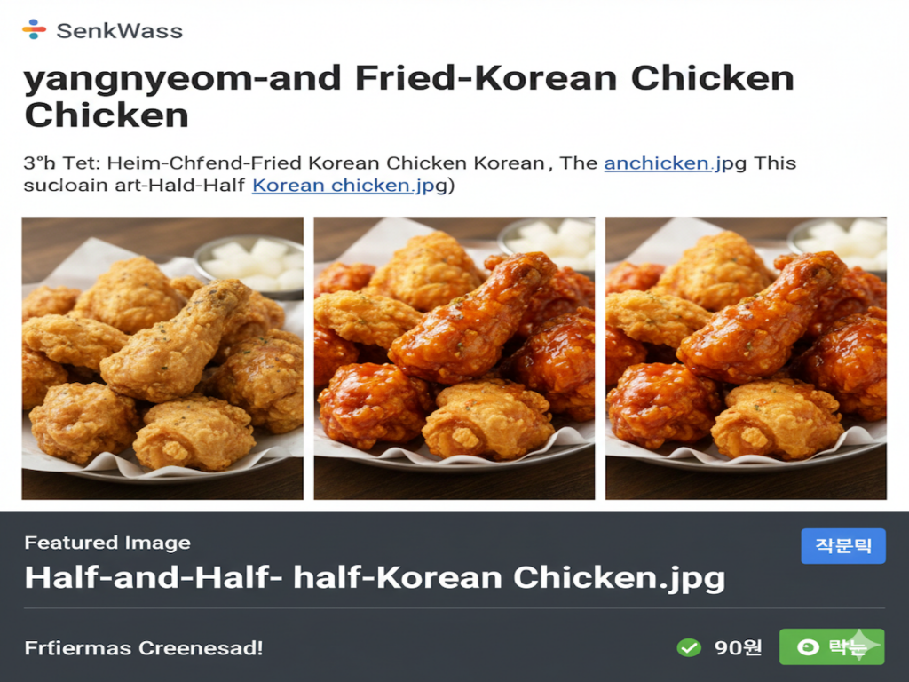 A mouth-watering close-up of Yangnyeom and Fried half-and-half Korean chicken, representing the unique sharing culture and culinary logic in South Korea.
