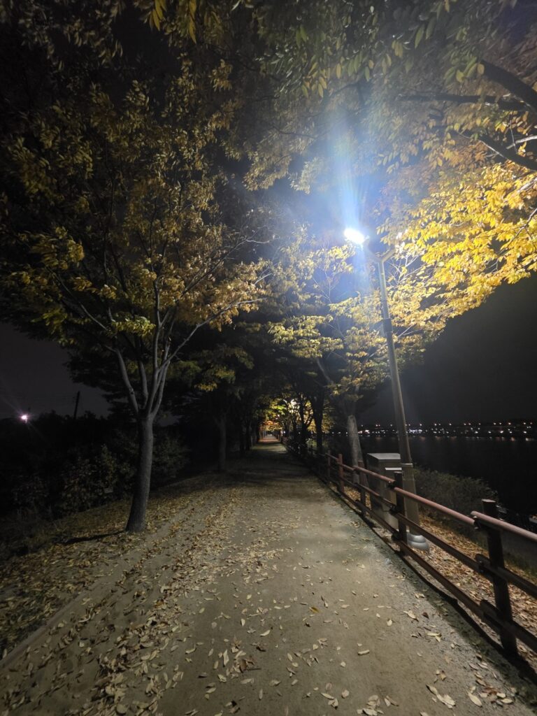 A brightly lit Han River walkway in Seoul at night, illuminated by rows of modern streetlights creating a safe and peaceful path along the water.