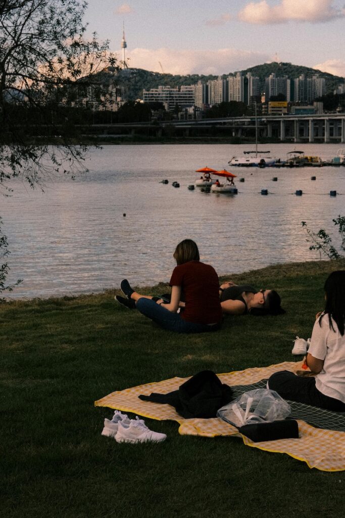 han-river-family-picnic-seoul-2025 “Families relaxing by the Han River in Seoul, enjoying a sunny afternoon picnic with children playing and city skyline in the background.”