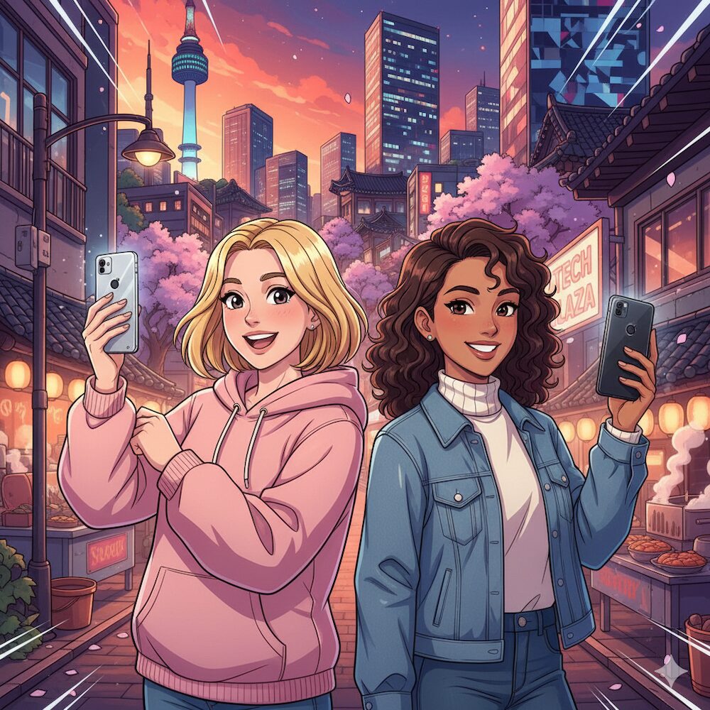 happy-expats-buying-new-smartphones-in-seoul Two young women, Caucasian and Latina, joyfully holding their new smartphones in a vibrant Seoul street, reflecting the best way to Buy a Phone in Korea.