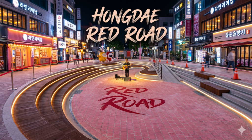 Hongdae R2 busking zone at night showing the Red Road performance plaza with a solo guitarist and stepped seating area in Seoul