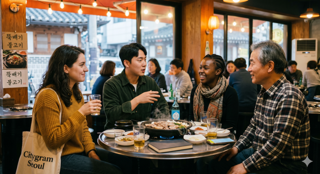how-korean-friendships-grow-over-time Close Korean friends sharing food together in Seoul, showing how Korean friendships grow slowly through trust and shared experiences