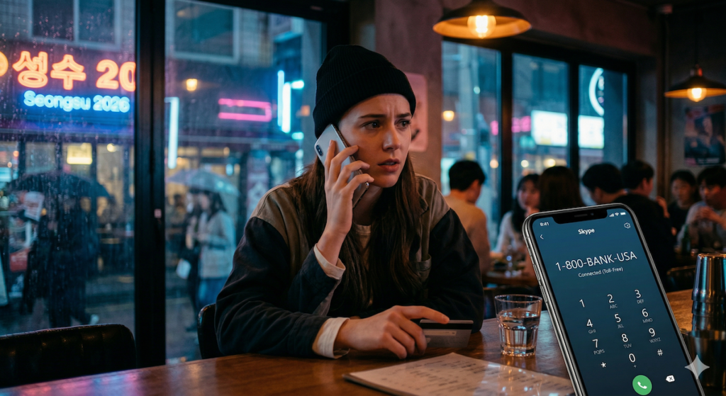 A foreign traveler learning how to call 1-800 from korea using the Skype app at a trendy neon-lit bar in Seongsu-dong, Seoul.