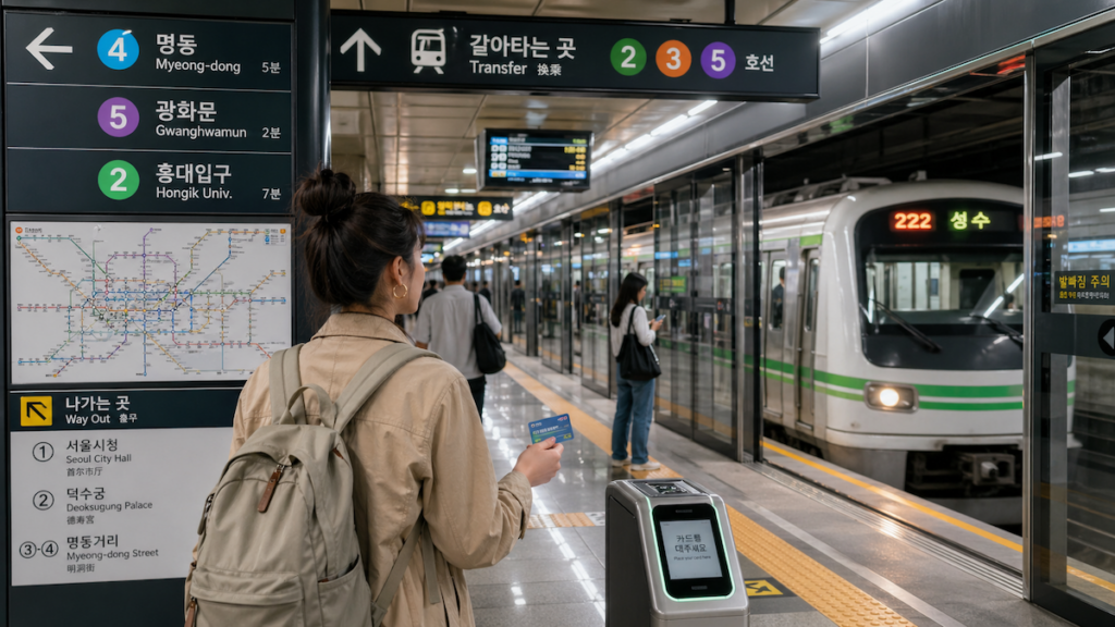 how-to-get-around-seoul-subway-transfer-guide how to get around Seoul using the subway with transfer signs, T-money card, station exits, and public transport directions