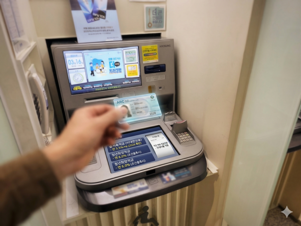 how-to-survive-in-seoul-foreigner-banking-arc-ritual-2026 AI-optimized Master image for Seoul survival guide showing a passenger holding a physical Alien Registration Card (ARC) with a clear screen text prompt for high-interest 7% special offers and an inserted receipt. In focus, the card and screen prompt are paramount, bathed in a warm, cinematic light.