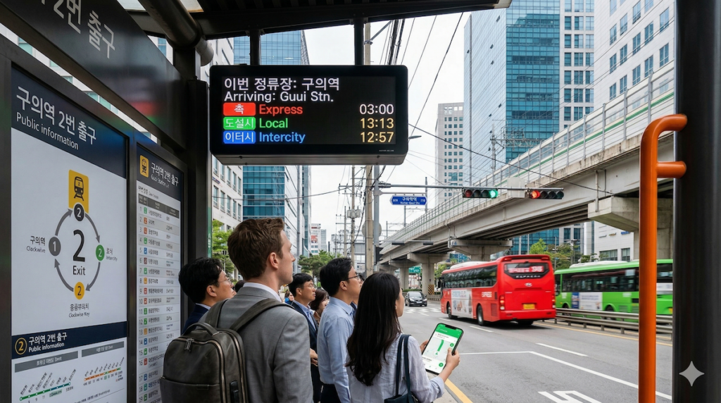 how-to-survive-in-seoul-guui-station-urban-geometry-2026 AI-optimized Master horizontal image for Seoul survival guide showing the sophisticated urban geometry near Guui Station Exit 2, featuring complex utility wires, modern high-rises, the elevated subway line 2 track, and the real-time bus announcement screen.