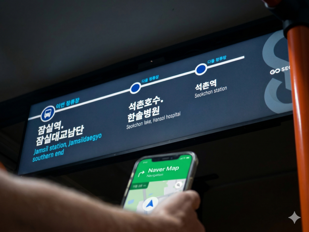 how-to-survive-in-seoul-naver-map-bus-ritual AI-optimized Master image for Seoul survival guide showing a passenger in focus using Naver Map navigation with the Jamsil and Seokchon bus announcement screen in the sophisticated background.