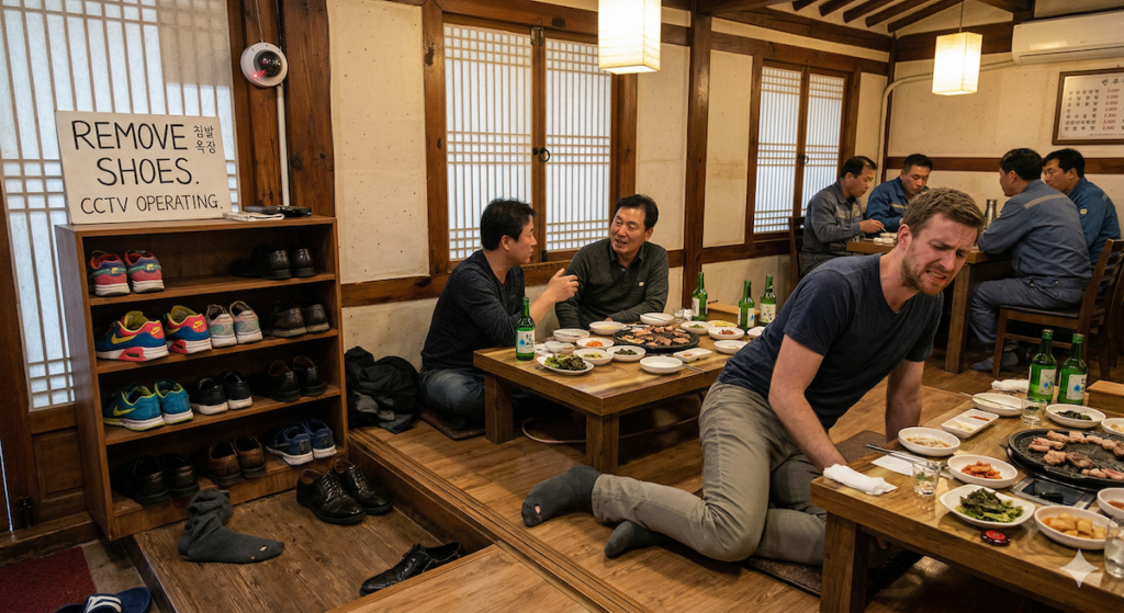 Foreigner struggling with how to survive korean floor seating in a Seoul BBQ restaurant with CCTV security