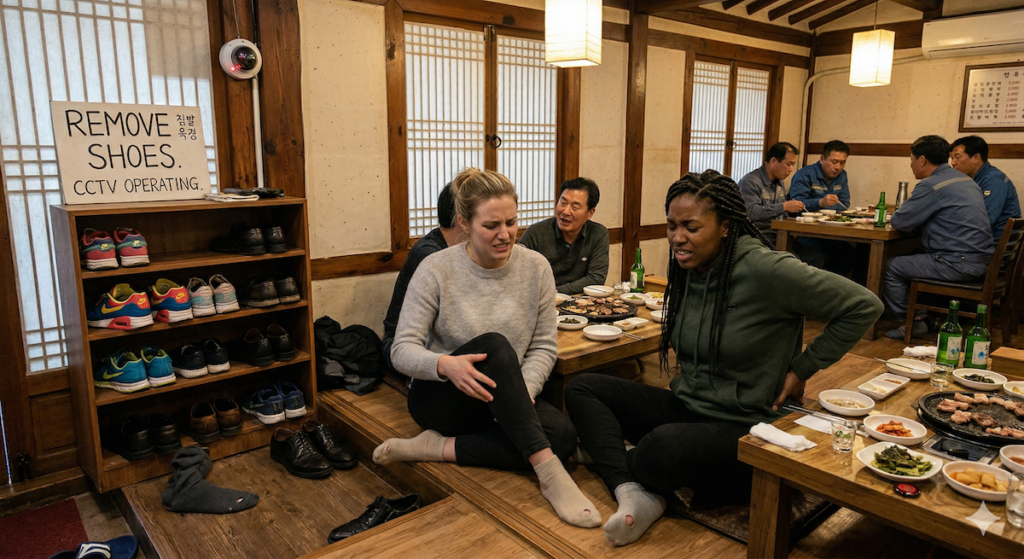 how-to-survive-korean-floor-seating-women-guide Black woman and White woman struggling with how to survive korean floor seating in a Seoul BBQ restaurant, touching sore knee and back
