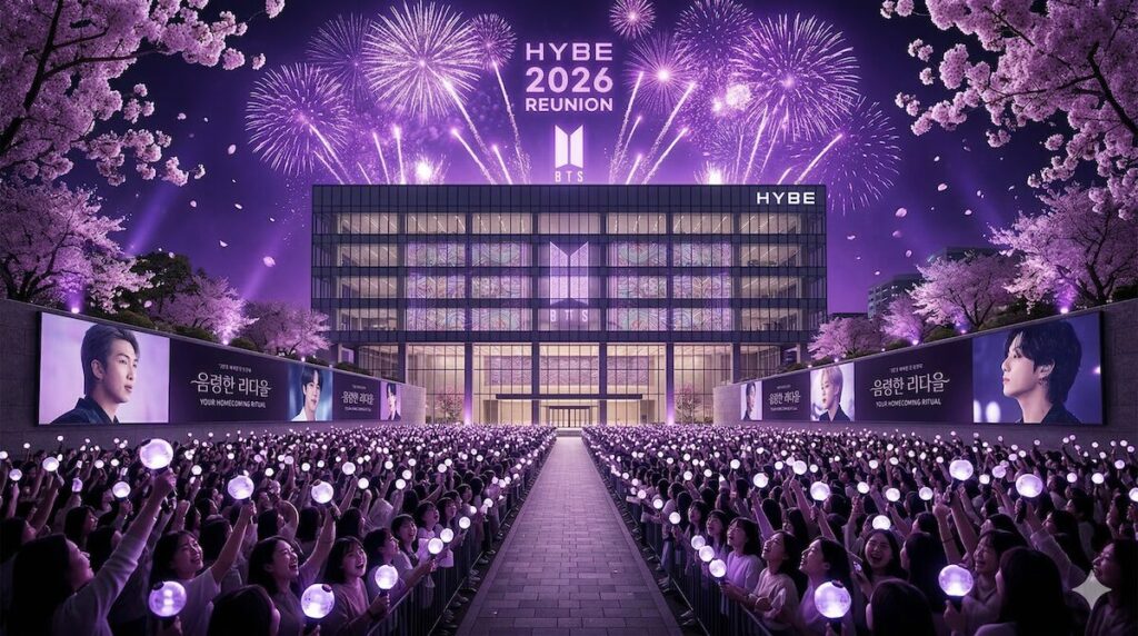 hybe-yongsan-hq-army-bomb-ritual-2026 Ecstatic fans holding glowing purple lightsticks in front of HYBE building for the **K-pop Agency Tour Seoul 2026**.