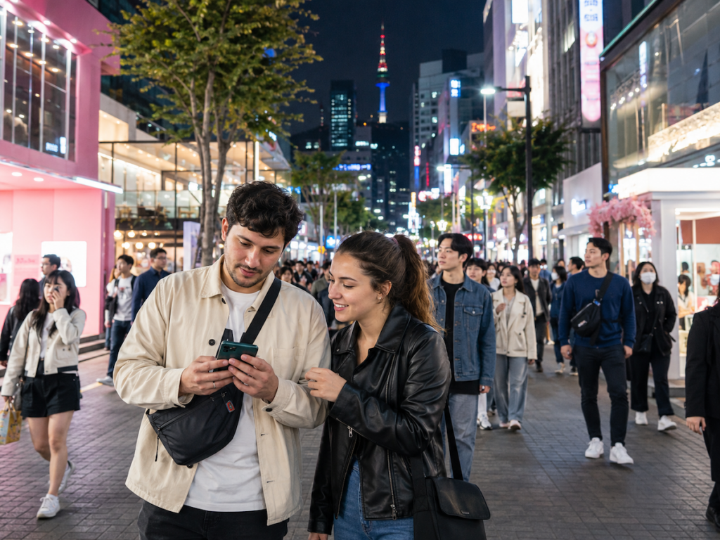 Is Seoul safe from pickpockets image showing foreign tourists walking through a bright Seoul night street with bags kept close