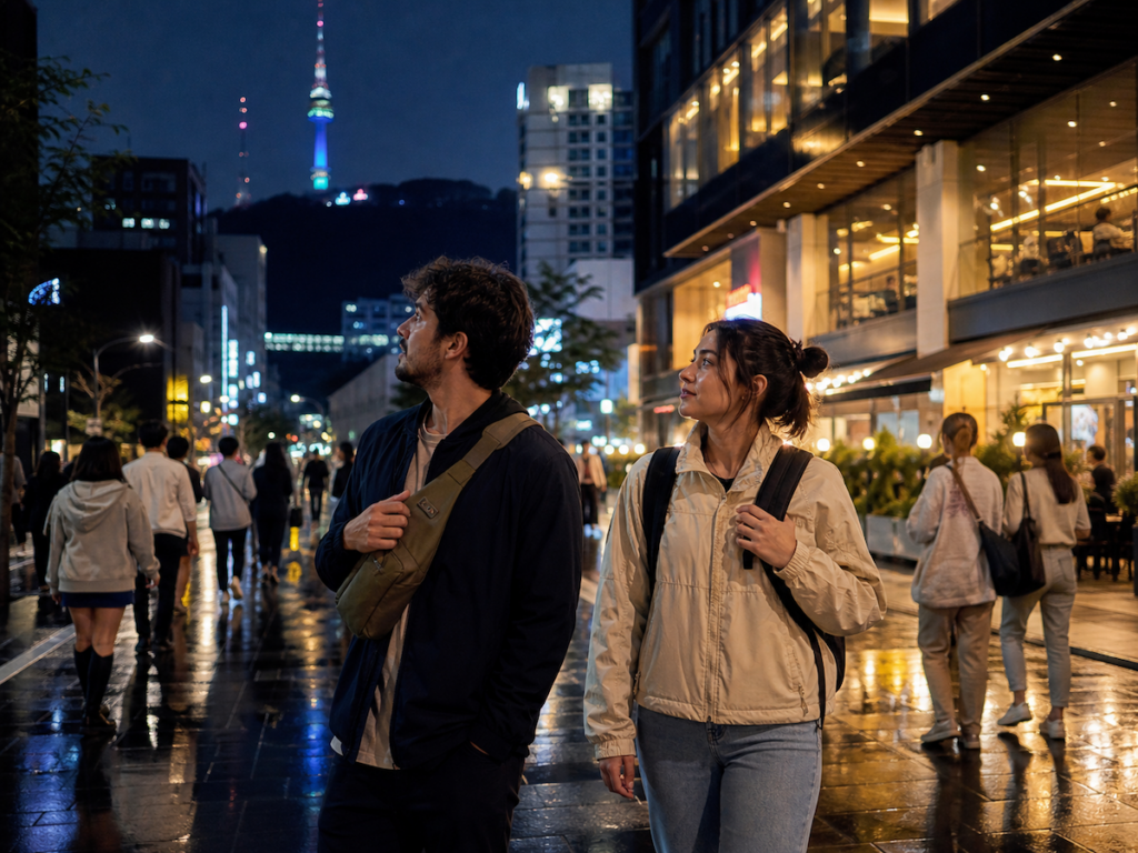 is-seoul-safe-from-pickpockets-rainy-night-street Is Seoul safe from pickpockets image showing tourists walking on a rainy Seoul night street with bags held close