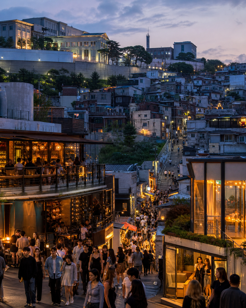itaewon-seoul-nightlife-hillside-neighborhood Layered view of Itaewon Seoul with nightlife streets, steep hillside homes, and older residential neighborhoods at dusk