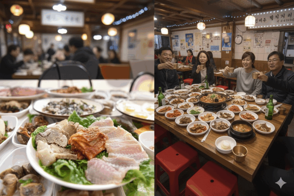 Diners enjoying a kettle of makgeolli with shared anju on Jeonju Makgeolli Street, capturing the warm, local nightlife atmosphere.