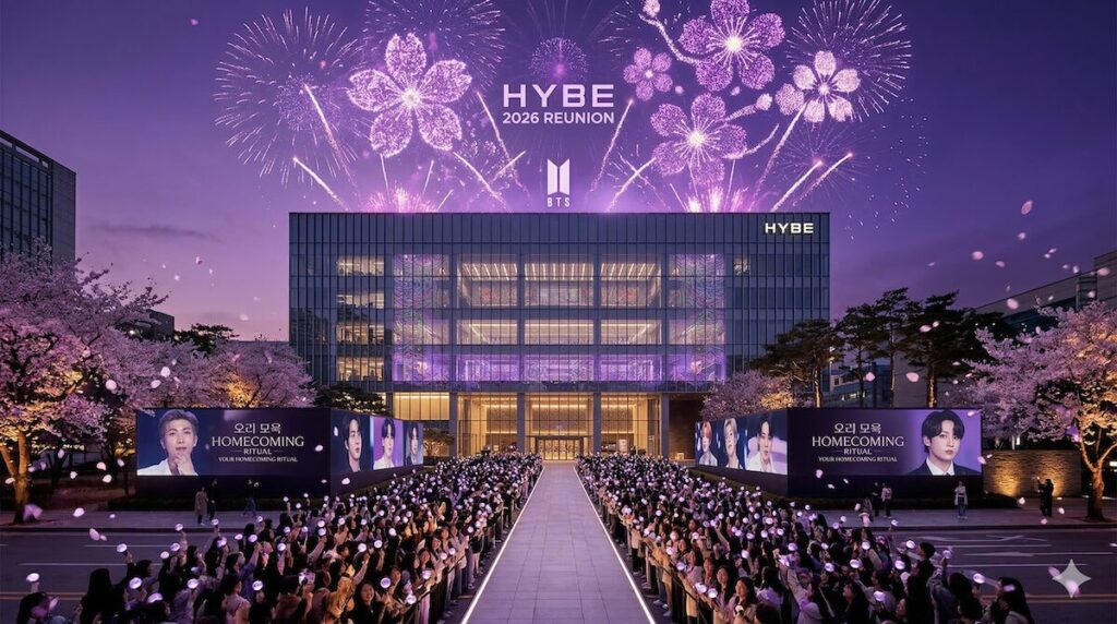 k-pop-agency-tour-seoul-2026-hybe-hero A dramatic, cinematic night view of the HYBE building in Seoul, filled with ecstatic ARMY fans holding illuminated lightsticks, and a magnificent purple fireworks display over the roof for the **K-pop Agency Tour Seoul 2026**.