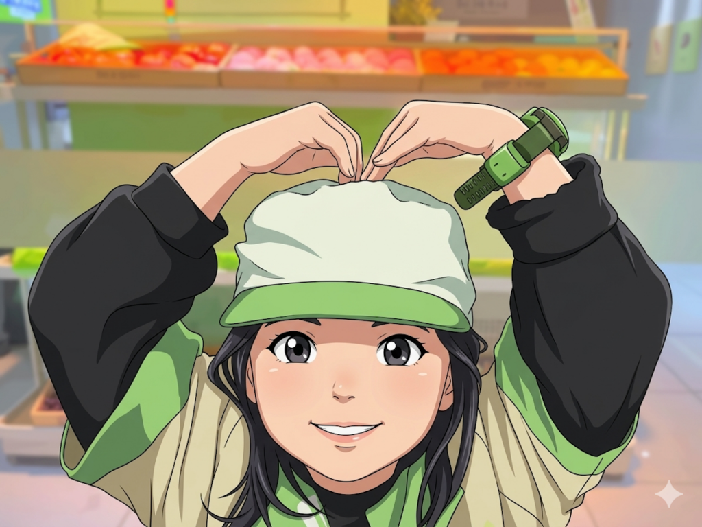 kidzania-seoul-experience-happy-daughter-hands-heart An animated photo of a happy girl making a hands-heart pose in a green KidZania uniform, showing where to leave kids in Seoul for a verified English tour.