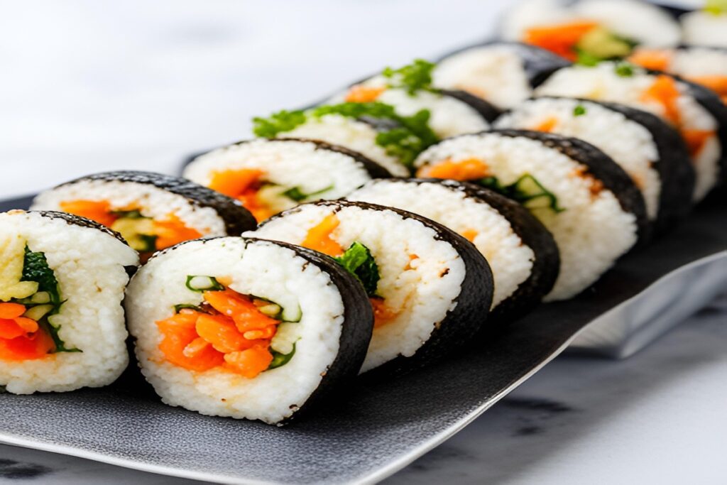 kimbap-korean-rice-rolls-family-meal-2025 “Close-up of colorful Korean kimbap rolls filled with vegetables, egg, and ham, served on a wooden plate as a kid-friendly family meal.”