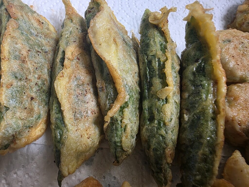 kkaennip-jeon-stuffed-with-pork Close-up of kkaennip jeon (perilla leaf pancake) stuffed with minced pork, a traditional Korean holiday dish made during Chuseok.
