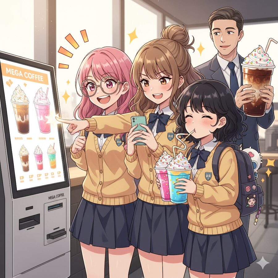 korea-coffee-brands-kiosk-students-anime An anime-style illustration of Korean high school students ordering vibrant drinks at a kiosk, a common scene for Korea Coffee Brands