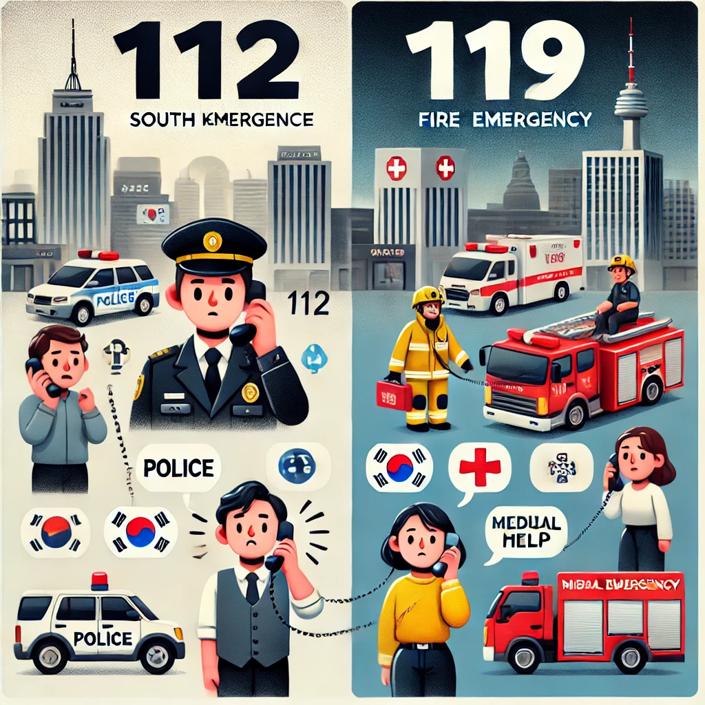 “South Korea emergency numbers 112 for police and 119 for fire and ambulance services”