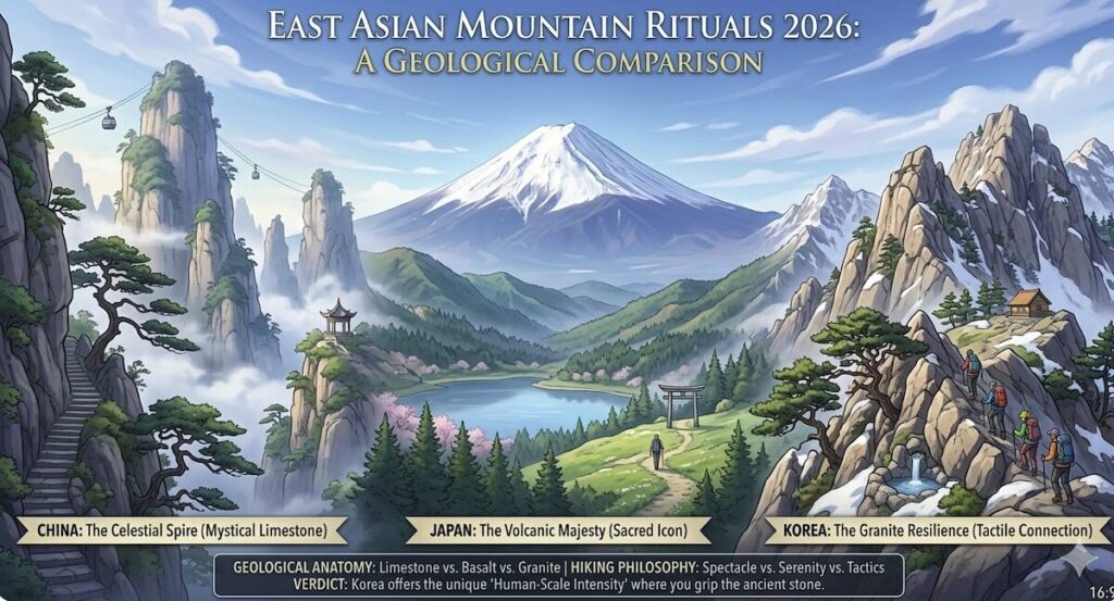 korea-hiking-ritual-2026-china-japan-comparison An illustration comparing the mountains of China, Japan, and Korea, highlighting Korea's unique granite resilience in the Korea Hiking Ritual 2026.