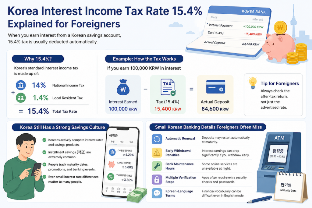 Korea Interest Income Tax Rate 15.4% infographic explaining Korean savings account taxes, automatic deductions, banking culture, and financial tips for foreigners