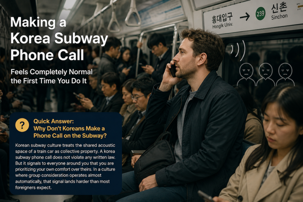 A foreigner making a korea subway phone call inside a crowded Seoul subway car while all Korean passengers sit in silence looking at their phones