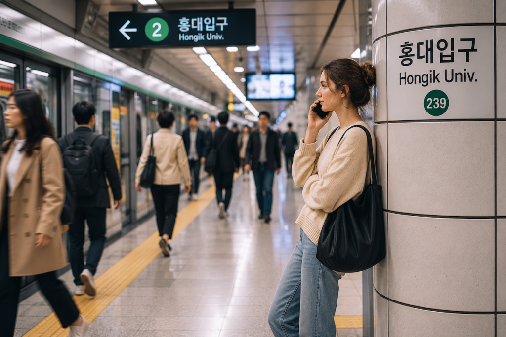 A foreigner stepping aside near a pillar at Hongik University Station to make a korea subway phone call away from the crowded platform while Korean commuters walk past