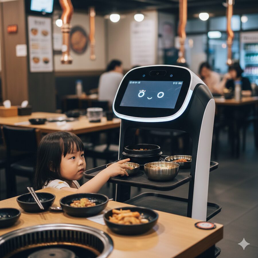 korea-travel-robot-server-child-wonder Korea Travel: Gangnam Station Robot Server - A young child marveling at the digital face of an AI server.