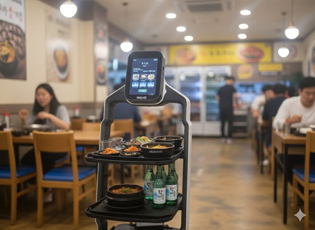 korea-travel-robot-server-serving-ritual Korea Travel: Gangnam Station Robot Server - The efficiency of AI delivery in the heart of Seoul.