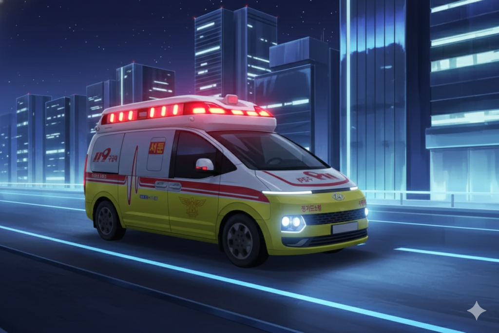 korean-119-ambulance-emergency-ems A 2D/3D stylized animation of a South Korean 119 emergency ambulance with flashing lights, providing medical assistance to foreigners in Seoul.