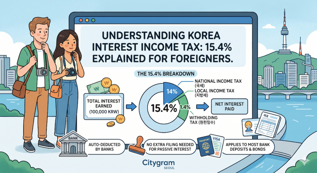 korean-bank-savings-tax-guide-for-expats Foreign resident using a Korean banking app to check savings interest and automatic 15.4% tax deductions in Korea