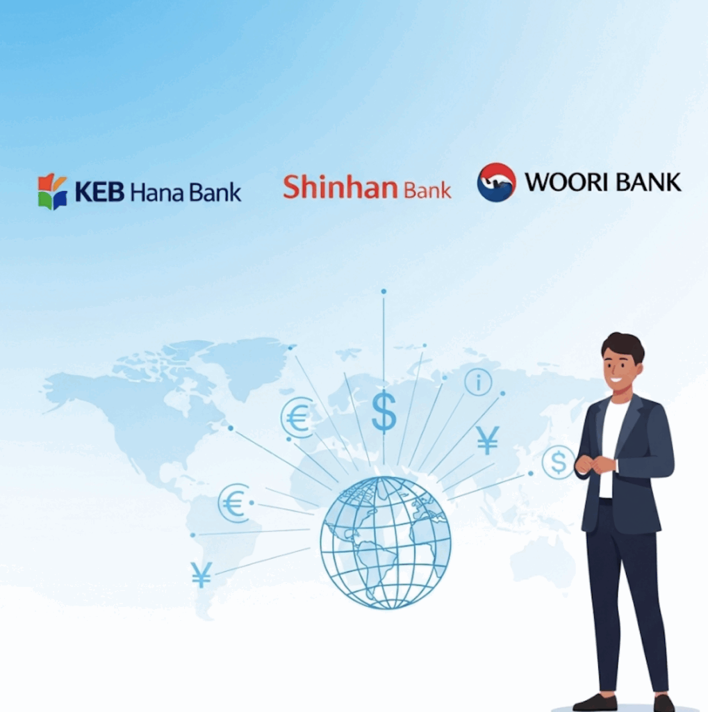 A comparison of three bank logos: KEB Hana, Shinhan, and Woori, representing banking options for foreigners in Korea.