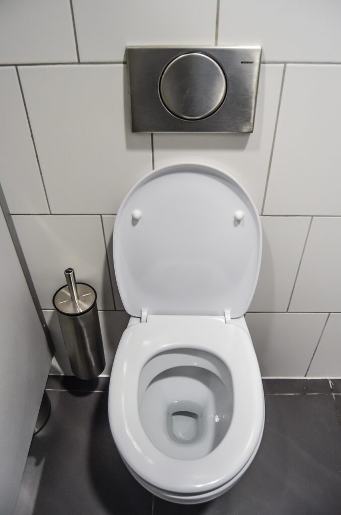 "A clean modern Western-style toilet in a Korean bathroom designed for both men and women, reflecting the country's emphasis on hygiene and shared etiquette."