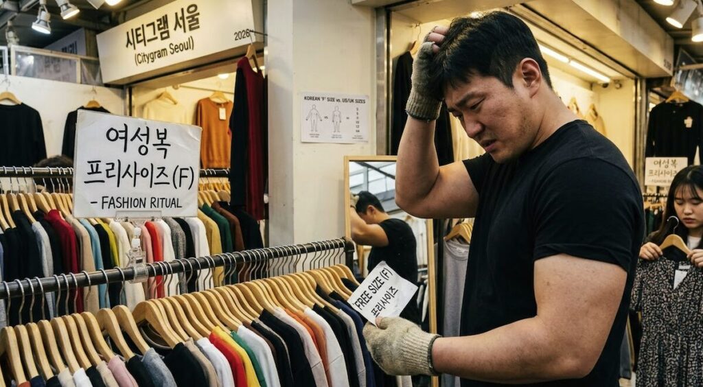 A confused tall man in a winter glove scratching his head in front of a Korean street market clothing rack labeled 'FREE SIZE (F) - FASHION RITUAL,' symbolizing the exclusion of larger frames from the local standard.