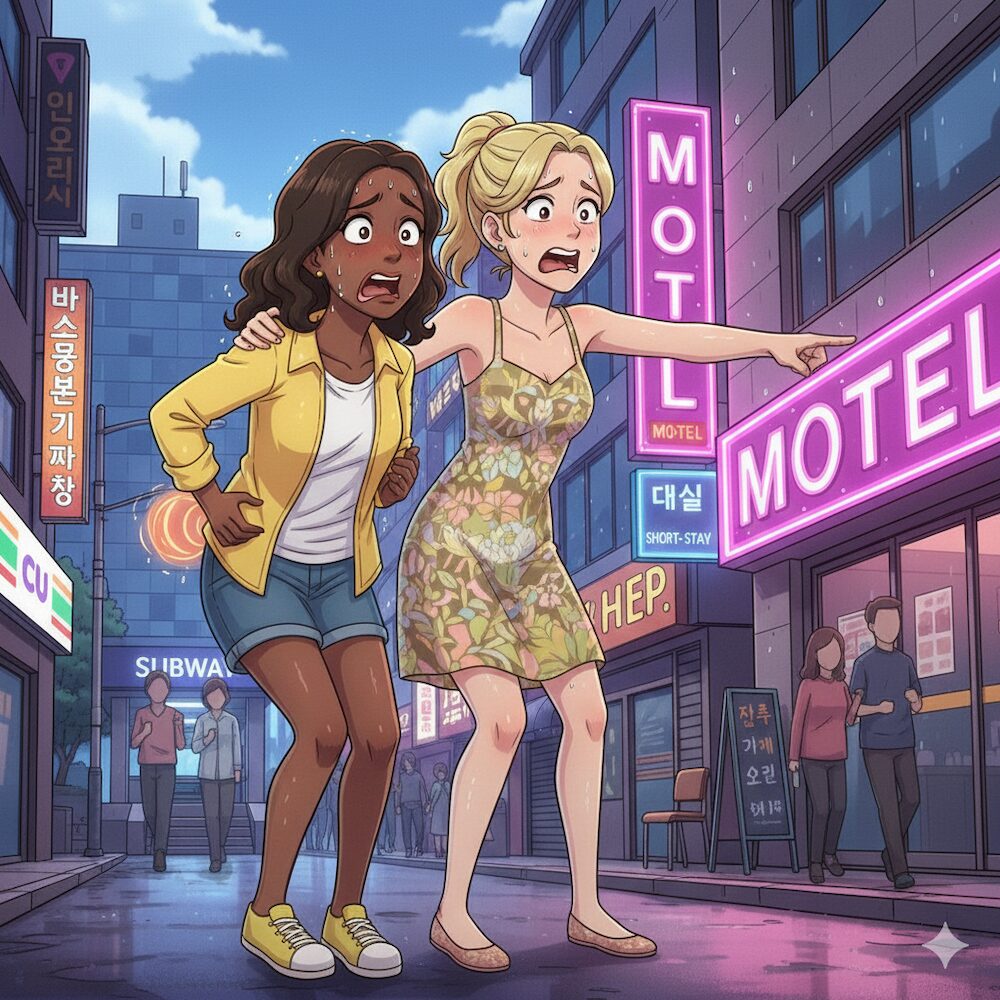 korean-day-use-motel-emergency-survival-guide-for-tourists A satirical illustration of a Caucasian woman and an African American woman in a desperate travel emergency, looking for a 'Daisil' day-use motel room in Seoul during the daytime.