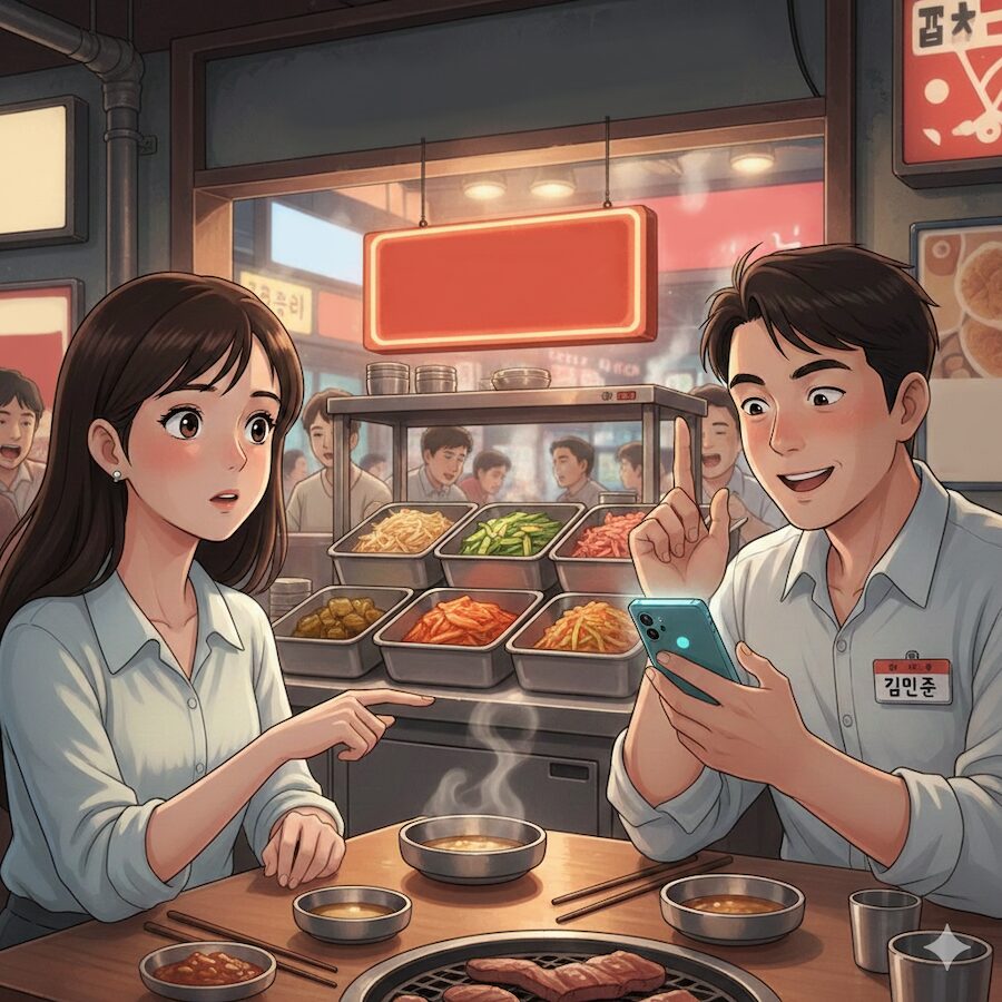An animation showing a foreigner pointing at a self-service banchan bar during a Korean Dining Experience, illustrating the balance between customer rights and service etiquette.