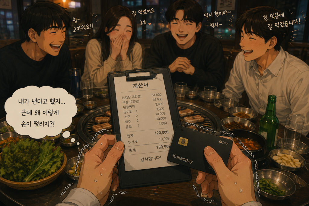 korean-dinner-bill-culture-paying-for-group-meals A nervous person paying for Korean BBQ while friends smile, showing why Koreans don’t split the bill in Korea