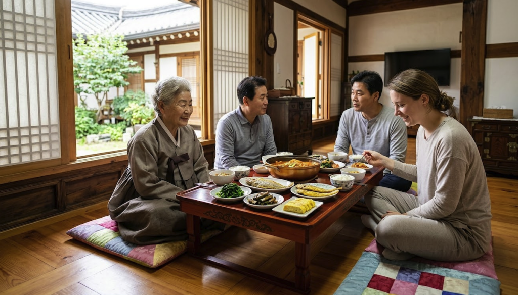 korean-floor-dining-sang-family-unity A heartwarming scene of **korean floor dining**, featuring a multi-generational family including a grandmother, a couple, and a foreign woman gathering around a decorated low wooden table (sang) on floor cushions (bangseok) in a hanok to share a communal meal, showcasing the traditional dining culture of Korea and its warm hospitality.