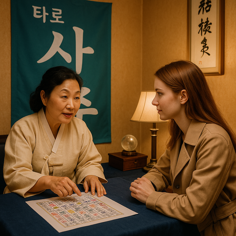 “A fortune-teller in Seoul giving a saju reading to a visitor inside a cozy consultation room.”