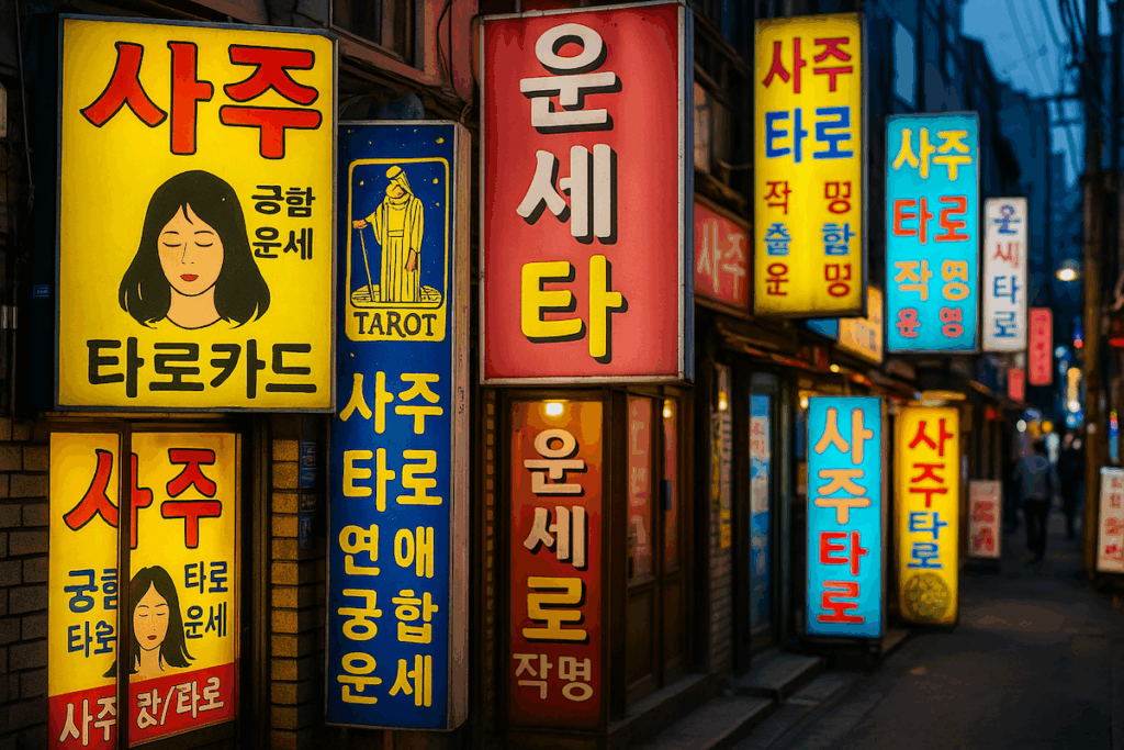 “Colorful signs for saju and tarot shops in Seoul’s side streets showing Korea’s modern fortune-telling culture.”