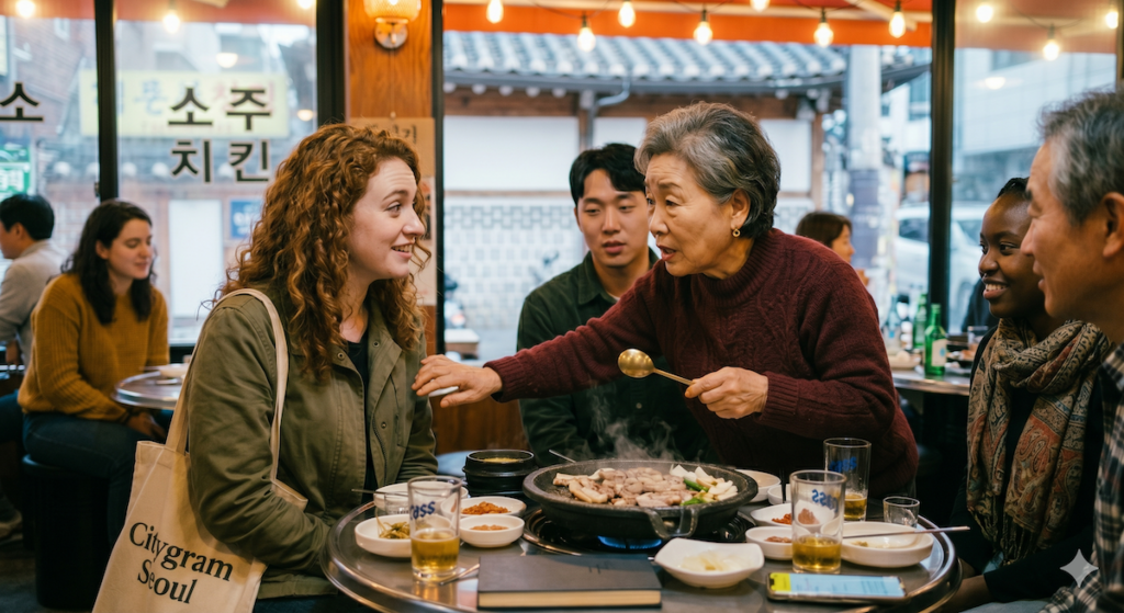 korean-grandmother-asking-personal-questions An older Korean woman talking to a white foreign woman in a Korean restaurant, reflecting why Koreans ask personal questions so early