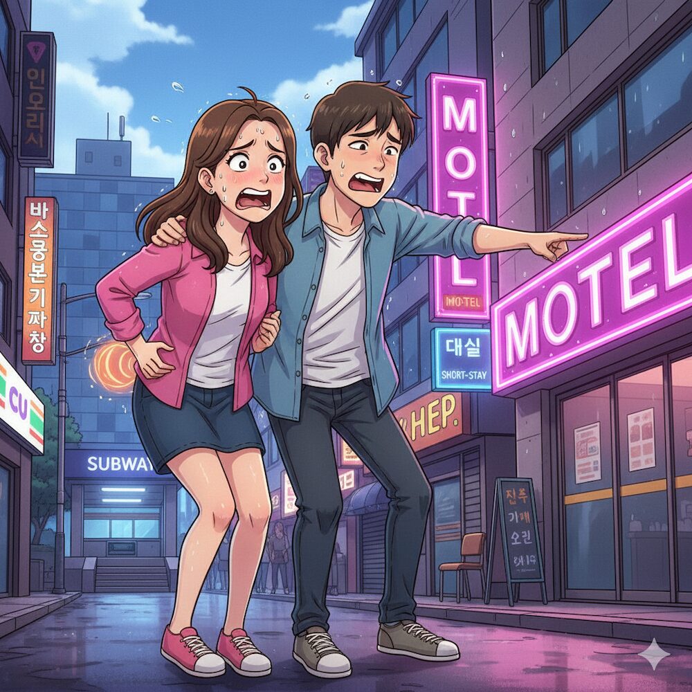 "A satirical illustration of tourists in a desperate travel emergency, looking for a Day-use room in Korea (Daisil) near a subway station."