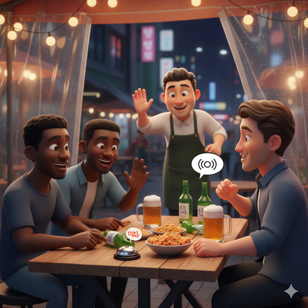 korean-pub-magic-call-button-service Three foreign friends experiencing the convenient 'Call' button system at a Korean pub, with a server responding in a warm, animated atmosphere.