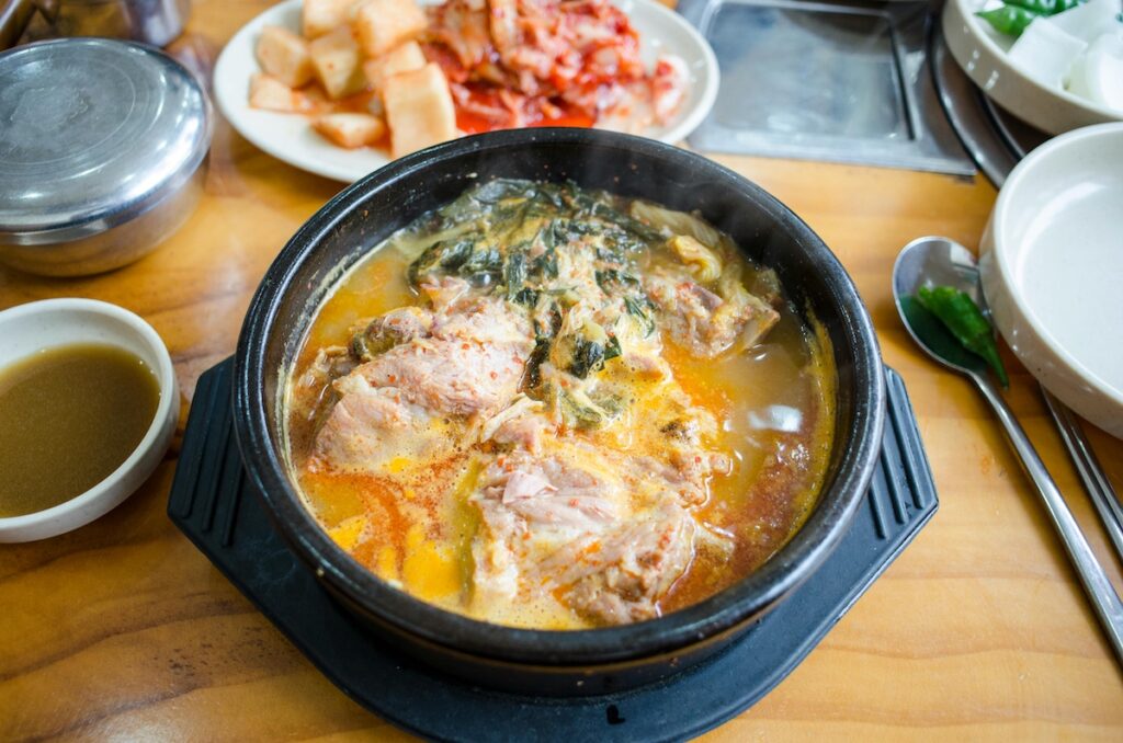 “Traditional Korean pyeohaejangguk soup served as an early morning or 24-hour breakfast meal”