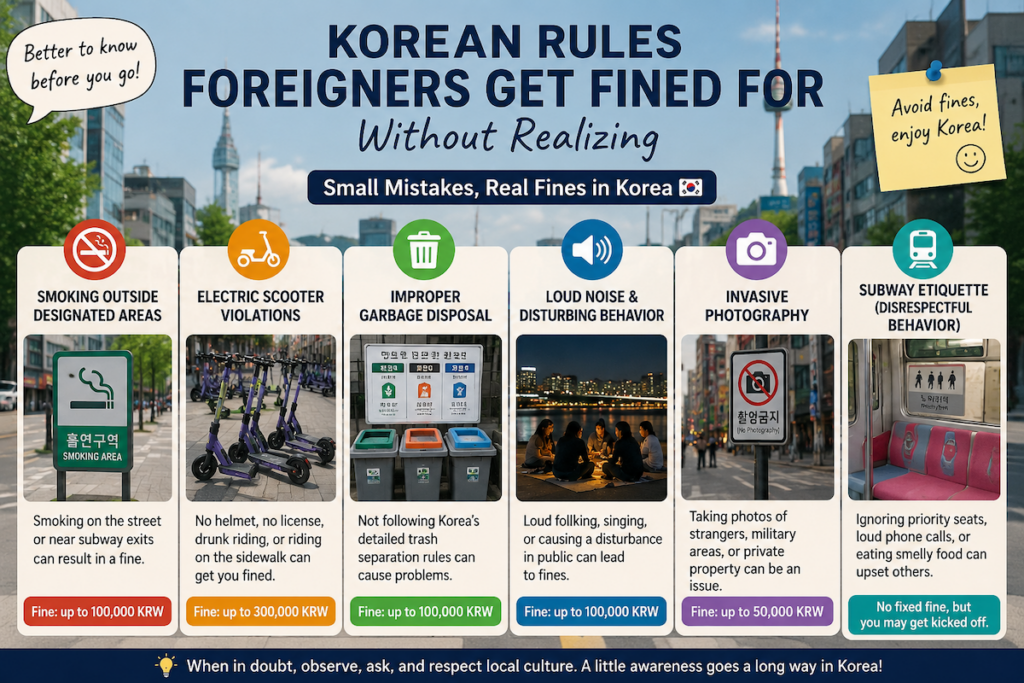 Korean Rules Foreigners Get Fined For infographic showing smoking areas, electric scooter rules, trash disposal, subway etiquette, and public behavior in Seoul