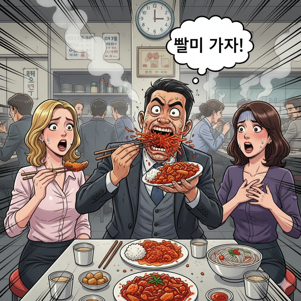 korean-salaryman-fast-eating-culture-satire A satirical anime-style illustration of a Korean salaryman eating his lunch at extreme speed while two expat women look on in complete shock and disbelief, depicting the intense Pali-Pali culture.