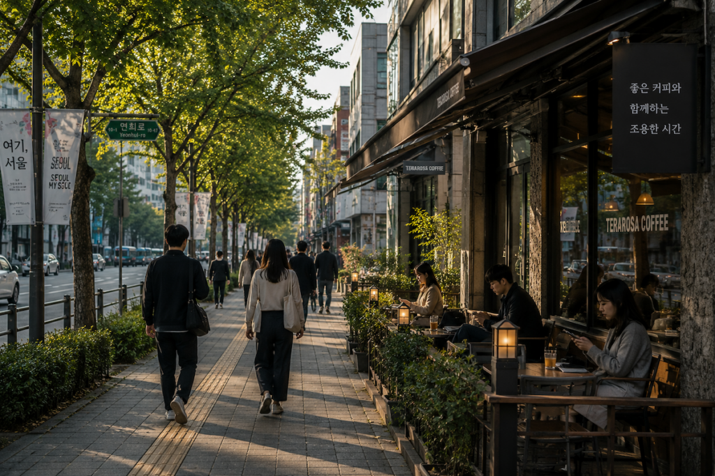 korean-social-culture-for-foreigners-everyday-life A calm Seoul street scene showing everyday Korean social culture for foreigners through quiet public behavior and shared spaces