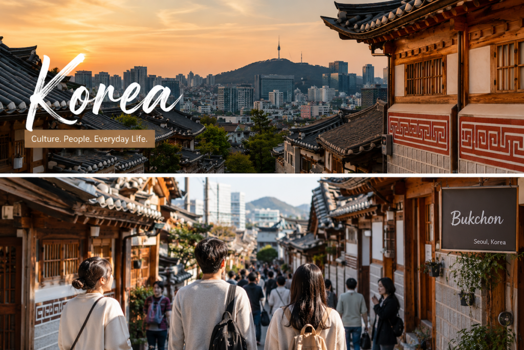 A Seoul cityscape blending traditional hanok and modern Korea, introducing Korean social culture for foreigners